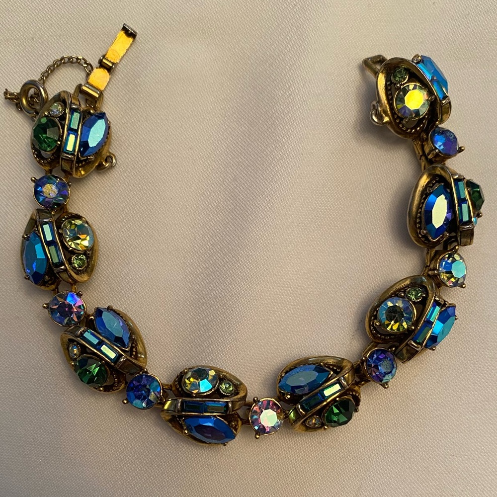 Hollycraft Bracelet Gold Tone Blue Clear AB Stones w Green Rhinestones 1959 7" L
